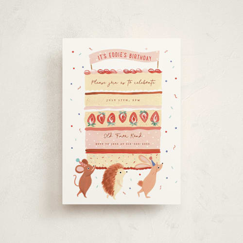 This is a strawberry shortcake petite kids birthday invitations with standard by Sarah Knight called cake carry printing on signature in petite