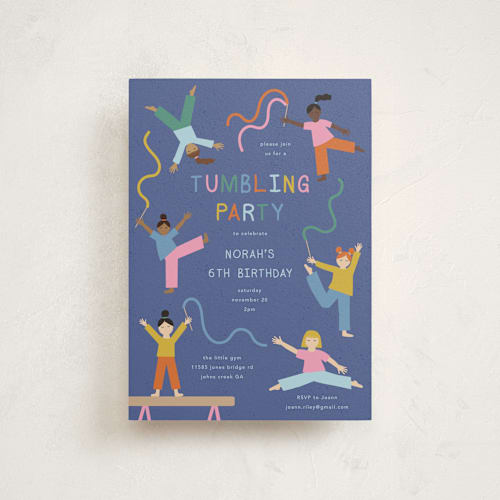 This is a blueberry petite kids birthday invitations with standard by Kelly Watkins called tumbling party printing on signature in petite