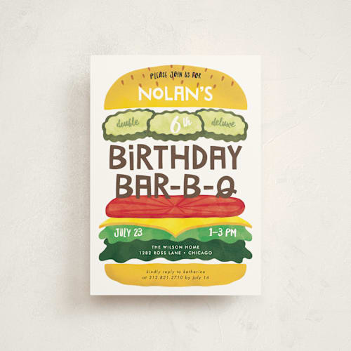 This is a classic petite kids birthday invitations with standard by Lehan Veenker called birthday burger printing on signature in petite