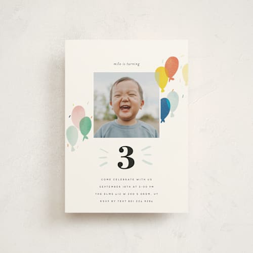 This is a sea petite kids birthday invitations with standard by Stephanie Hawkes called balloon overlay printing on signature in petite