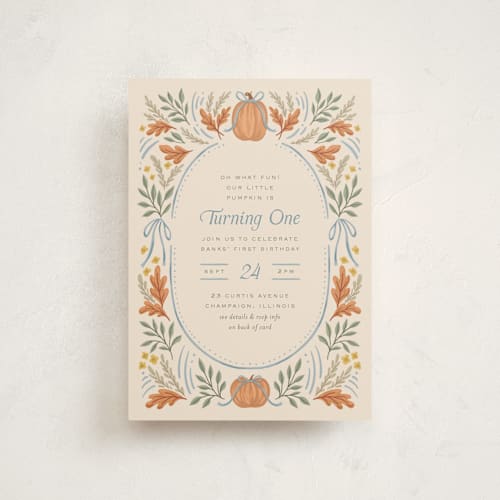 This is a cornflower kids birthday invitations with standard by Laura Hankins called pumpkins + bows printing on signature in postcard