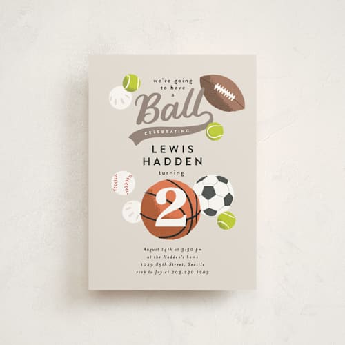 This is a fudge kids birthday invitations with standard by Alethea and Ruth called have a ball printing on signature in postcard