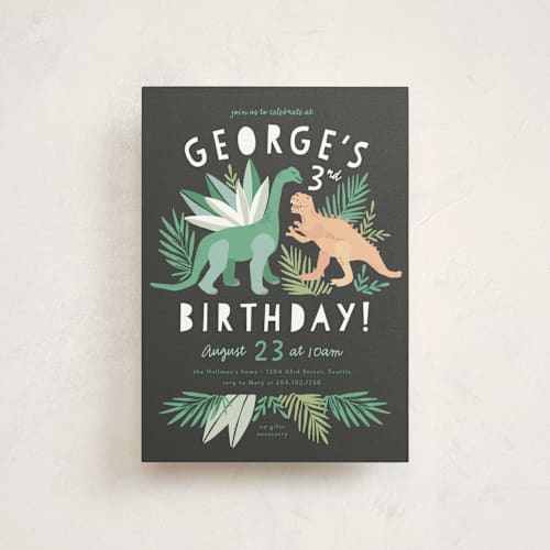 This is a graphite kids birthday invitations with standard by Alethea and Ruth called dino friends printing on signature in postcard