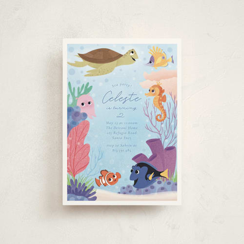 This is a sea kids birthday invitations with standard by Sabrin Deirani called disney and pixar's finding nemo friends printing on signature in postcard