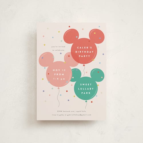 This is a berry kids birthday invitations with standard by chocomocacino called disney's mickey mouse balloon trio printing on signature in postcard