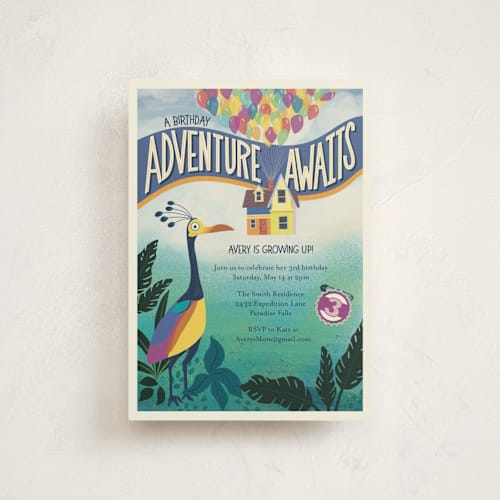 This is a sky kids birthday invitations with standard by Rebekah Canavan called disney and pixar up! adventure printing on signature in postcard