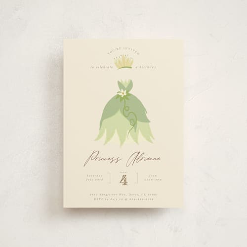 This is a southern cream kids birthday invitations with standard by Kate Ross called disney princess tiana's dress printing on signature in postcard