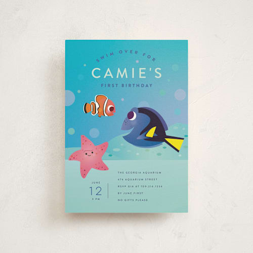This is a sea kids birthday invitations with standard by Lori Wemple called disney and pixar's nemo and dory printing on signature in postcard