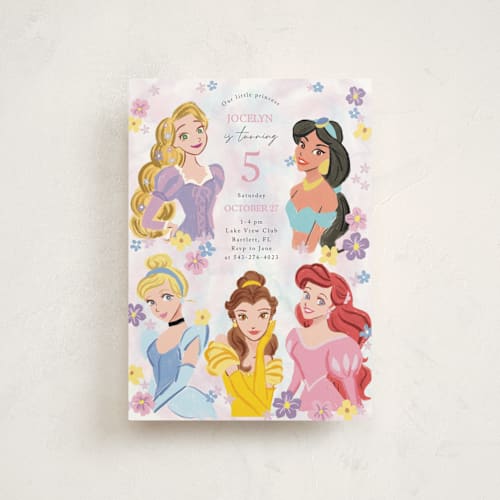 This is a cotton candy kids birthday invitations with standard by Cass Loh called disney's princess portrait printing on signature in postcard