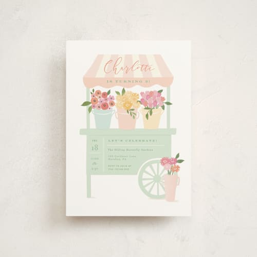 This is a grass kids birthday invitations with standard by Jennifer Wick called petite flower cart printing on signature in postcard