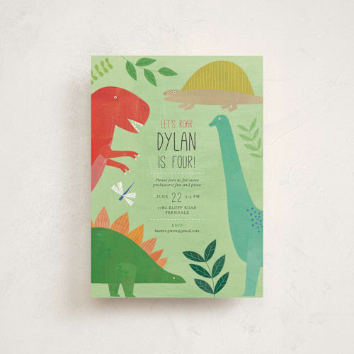 This is a forest kids birthday invitations with standard by melanie mikecz called let's roar dinosaur printing on signature in postcard