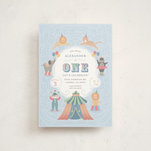 This is a sky kids birthday invitations with standard by Joanna Griffin called step right up printing on signature in postcard
