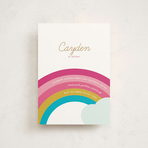 This is a may kids birthday invitations with standard by kelli hall called over the rainbow printing on signature in postcard