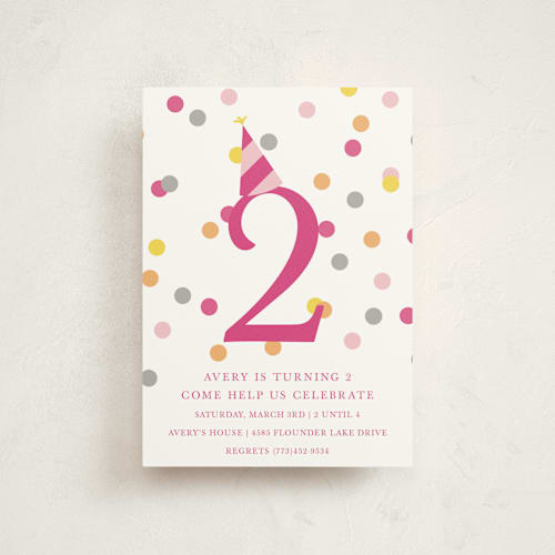 This is a hot pink kids birthday invitations with standard by Pretty Girl Designs called confetti fun printing on signature in postcard