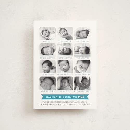 This is a teal kids birthday invitations with standard by Katie Speelman called 12 months printing on signature in postcard