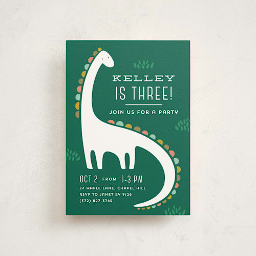 This is a palm kids birthday invitations with standard by Laura Hankins called dinotastic printing on signature in postcard