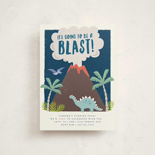 This is a atlantic kids birthday invitations with standard by Karidy Walker called volcano blast printing on signature in postcard