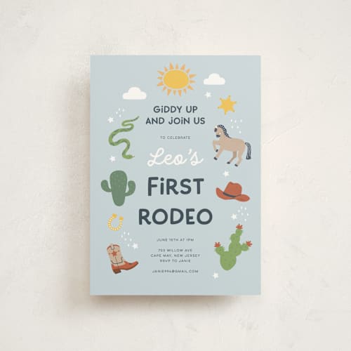 This is a sky kids birthday invitations with standard by peetie design called my friendly rodeo printing on signature in postcard