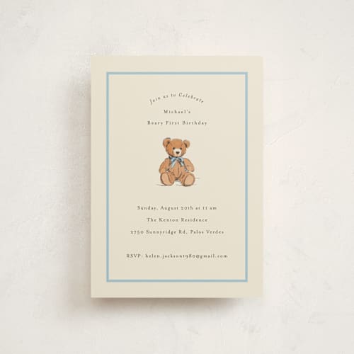 This is a frost kids birthday invitations with standard by Becky Nimoy called antique teddy bear printing on signature in postcard