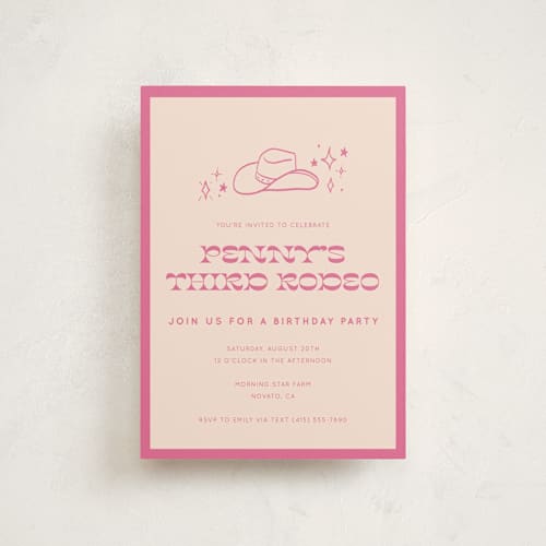 This is a peony kids birthday invitations with standard by Rachel Cassel called cowgirl birthday printing on signature in postcard