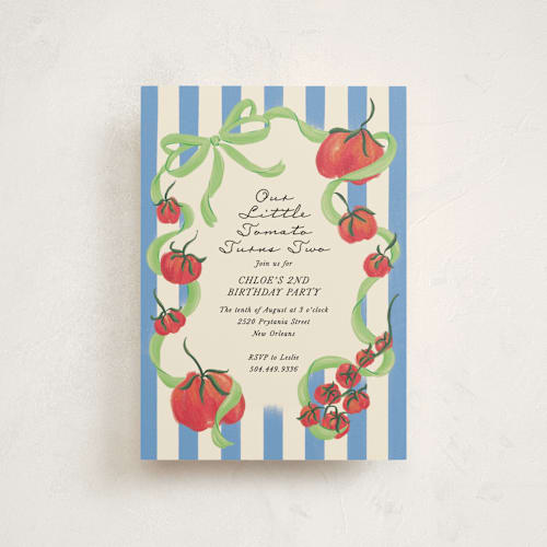 This is a lime kids birthday invitations with standard by Jackie Crawford called petit pomodoro printing on signature in postcard