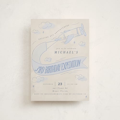 This is a sky kids birthday invitations with standard by Vera Lim called fly with me printing on signature in postcard