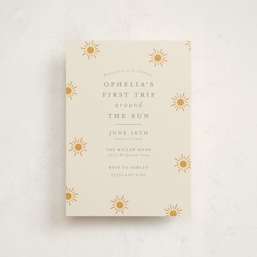 This is a golden sun kids birthday invitations with standard by Meggy Masters called sun toss printing on signature in postcard