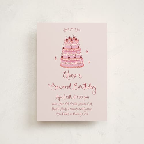 This is a blush kids birthday invitations with standard by Cass Loh called vintage birthday cake printing on signature in postcard