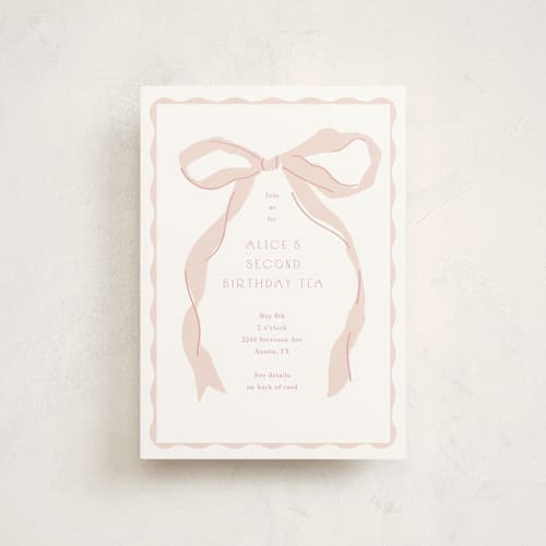 This is a blush kids birthday invitations with standard by Baumbirdy called framed bow printing on signature in postcard