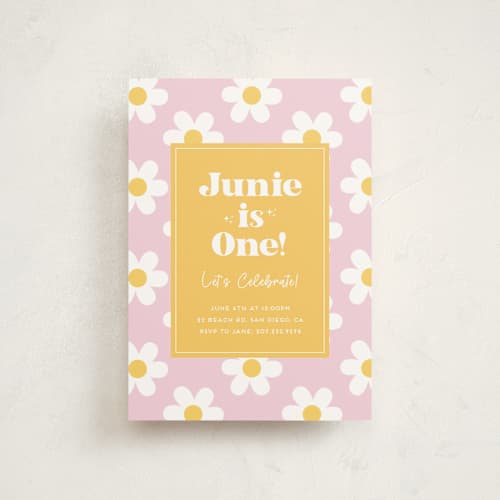 This is a daisy kids birthday invitations with standard by Little Print Design called daisys printing on signature in postcard