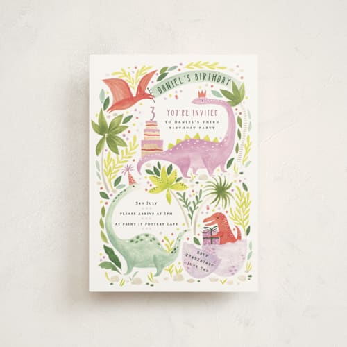 This is a forest kids birthday invitations with standard by Sarah Knight called party dinos printing on signature in postcard