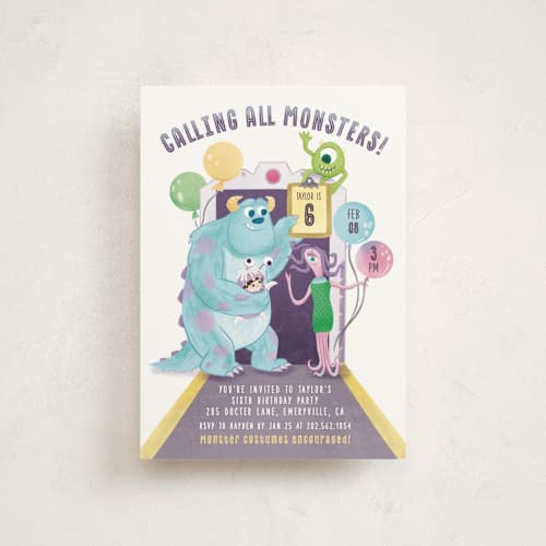 This is a roar kids birthday invitations with standard by curiouszhi called disney and pixar's monster's inc party door printing on signature in postcard