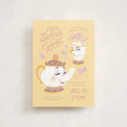 This is a lemonade kids birthday invitations with standard by Rebecca Smith called disney enchanted beauty and the beast tea party printing on signature in postcard