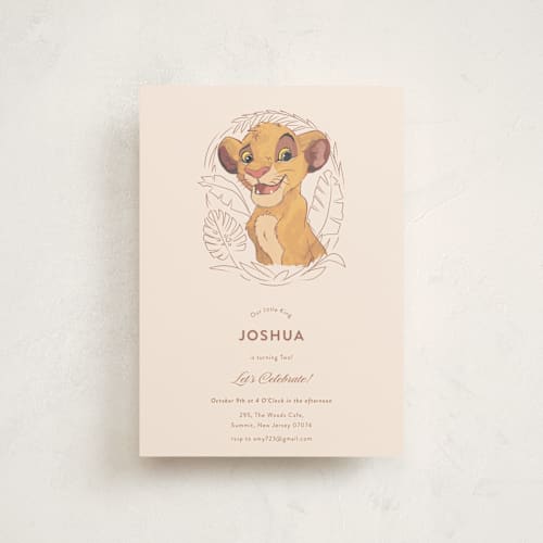 This is a bamboo kids birthday invitations with standard by Teju Reval called simba from disney's the lion king printing on signature in postcard