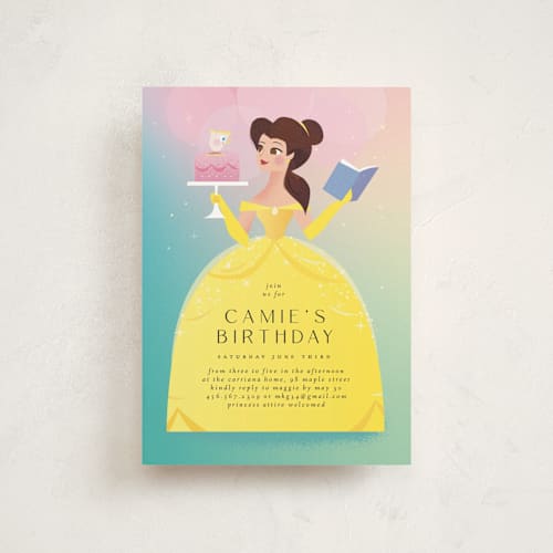 This is a teal kids birthday invitations with standard by Lori Wemple called belle from disney's beauty and the beast printing on signature in postcard