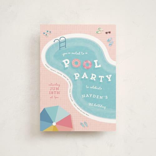 This is a coral kids birthday invitations with standard by Lisa McLean called cool pool party printing on signature in postcard