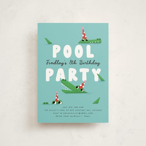 This is a fruit punch kids birthday invitations with standard by mo kelley called pool party printing on signature in postcard