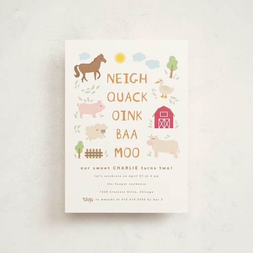 This is a cotton kids birthday invitations with standard by Creo Study called barnyard noises printing on signature in postcard