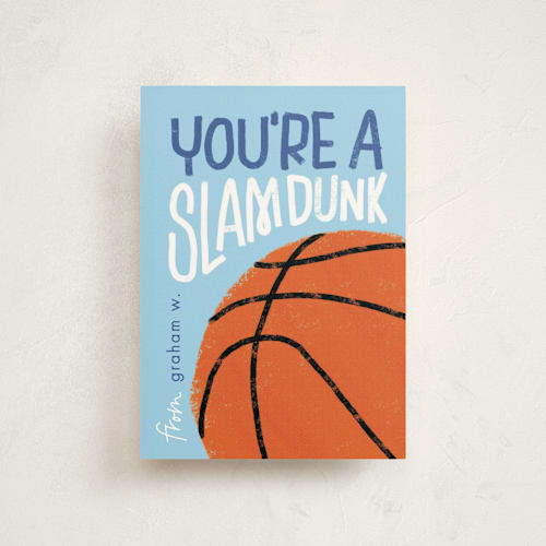 This is a skyblue mailed classroom valentines cards with flat by Erin L. Wilson called basketball printing on signature in postcard
