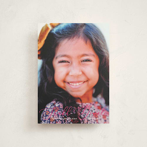 This is a magenta diwali cards with standard by Liz Conley called scripted diwali printing on signature in postcard