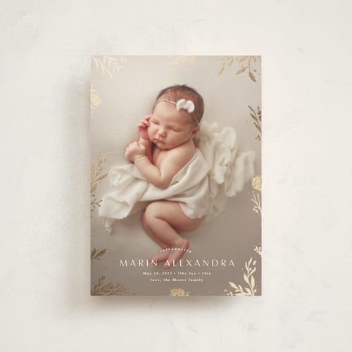 This is a sand birth announcement postcards with foil pressed by Kate Ahn called sparkling florals printing on signature in postcard