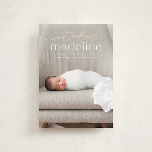 This is a parchment birth announcement postcards with foil pressed by Everett Paper Goods called mist printing on signature in postcard