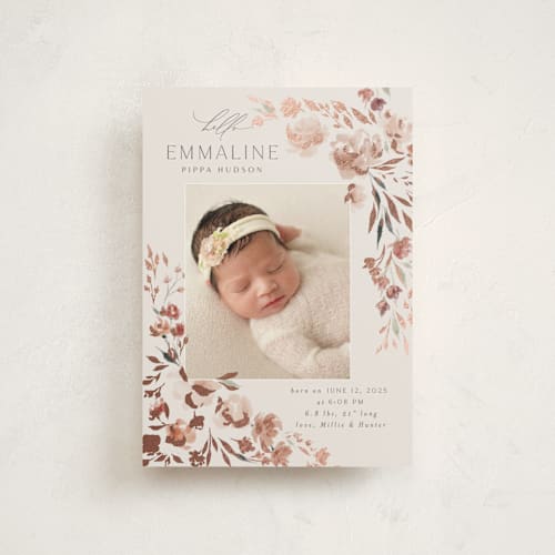 This is a rose birth announcement postcards with foil pressed by Nicoletta Savod called grace printing on signature in postcard