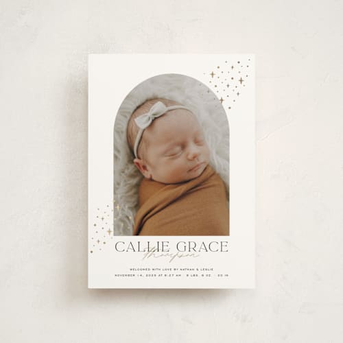 This is a cloud birth announcement postcards with foil pressed by Molly Wiggins called starlit sky printing on signature in postcard