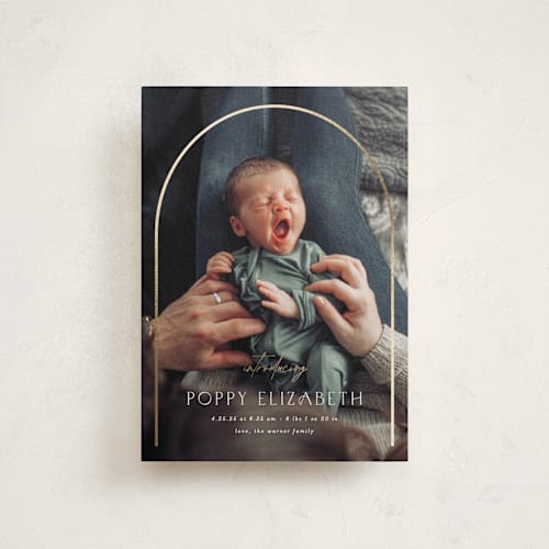 This is a linen birth announcement postcards with foil pressed by Erica Krystek called classic arch printing on signature in postcard