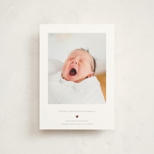 This is a charcoal birth announcement postcards with foil pressed by Blustery August called heart printing on signature in postcard