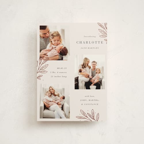 This is a rose birth announcement postcards with foil pressed by Oma N. Ramkhelawan called modern botanica printing on signature in postcard