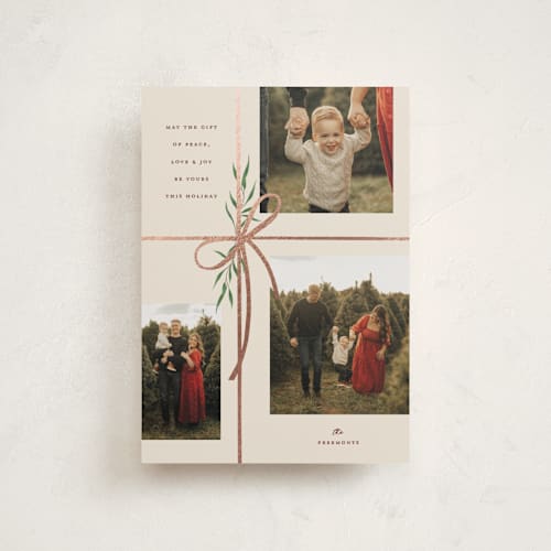 This is a burgundy christmas postcards with foil pressed by Susan Zinader called holiday gifts printing on signature in postcard