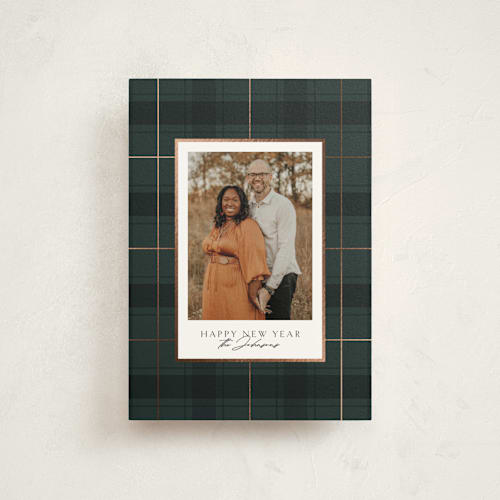 This is a blue spruce christmas postcards with foil pressed by Kate Ahn called chic plaid printing on signature in postcard