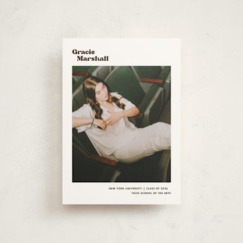 This is a espresso graduation announcements with standard by Megan Davis called vinyl printing on signature in petite